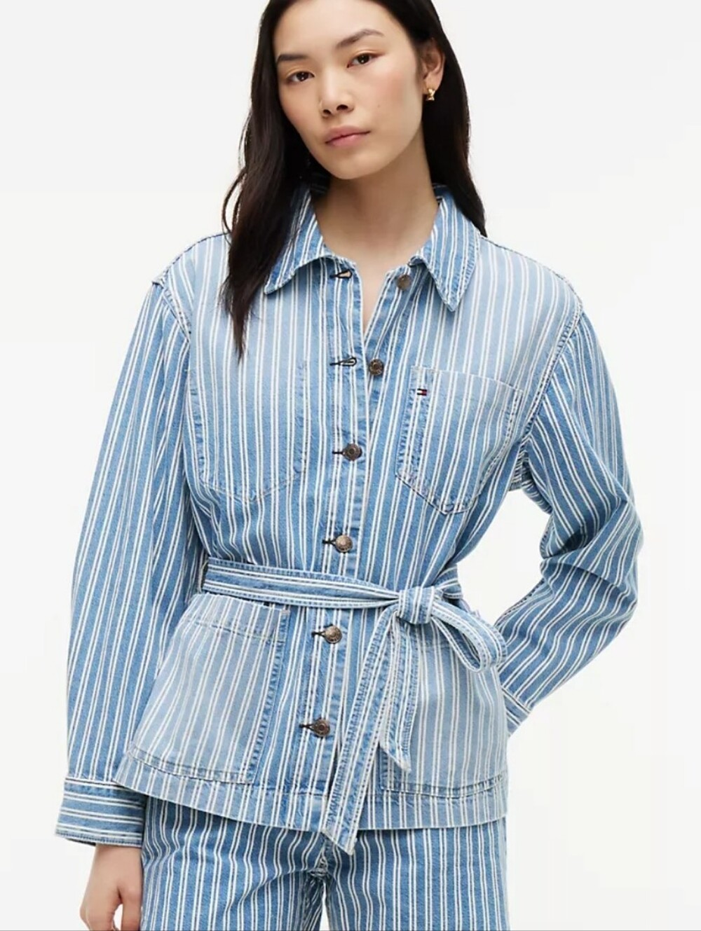 Tommy Hilfiger Cotton Railroad Stripe Belted Denim Blue Jean Chore Jacket XL